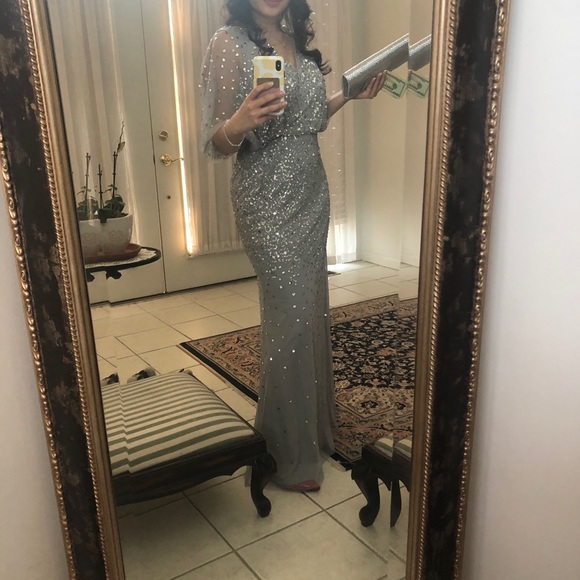 Adrianna Papell beaded flutter sleeve gown in silver mist, only worn once - Picture 3 of 3